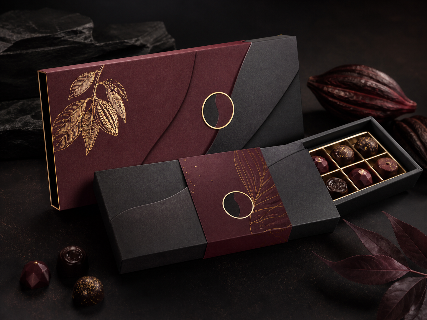 Luxury burgundy chocolate packaging concept