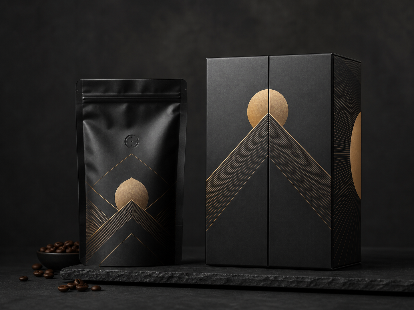 Premium black and gold coffee packaging concept