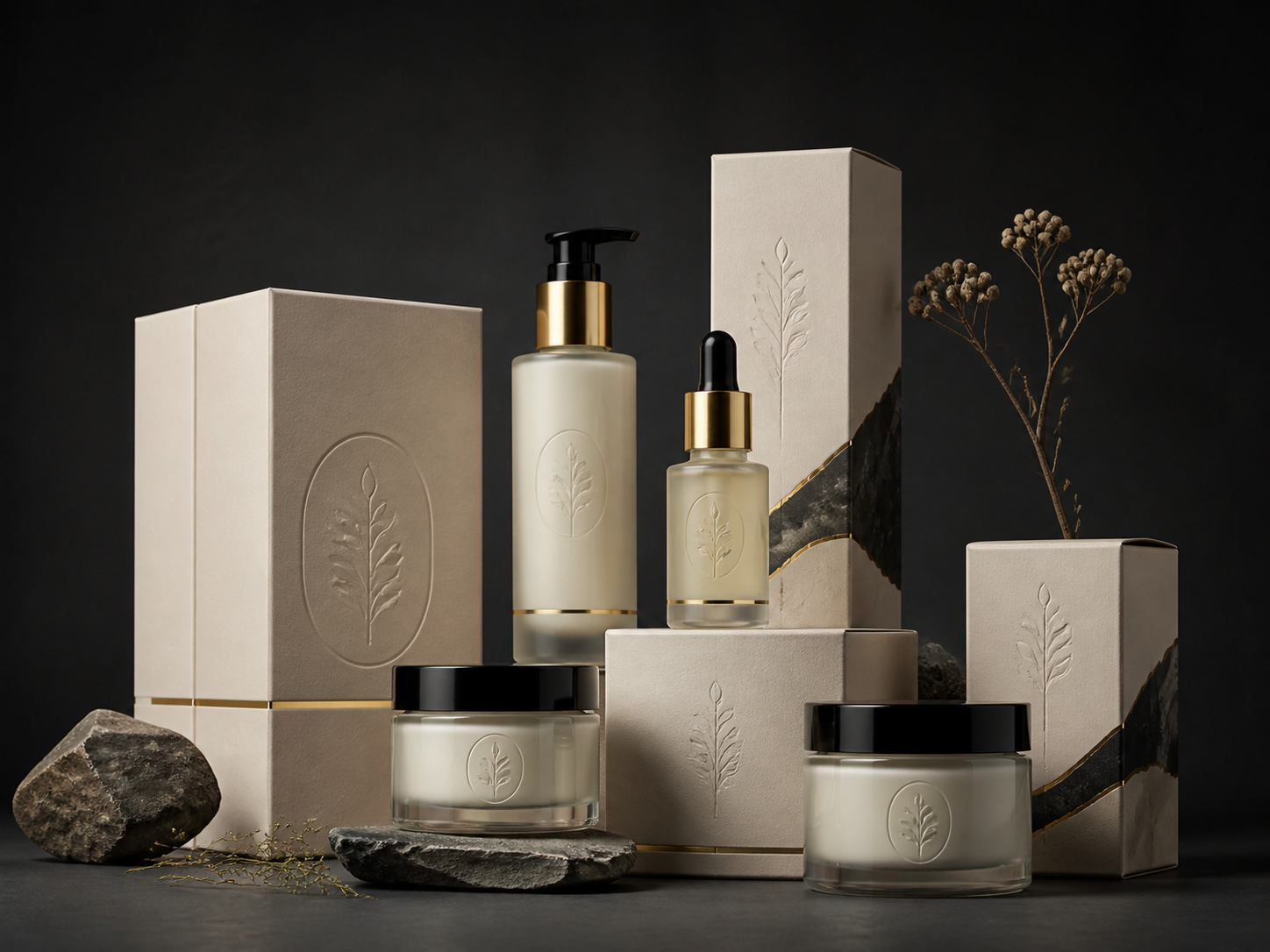 Minimal skincare packaging concept in ivory and gold